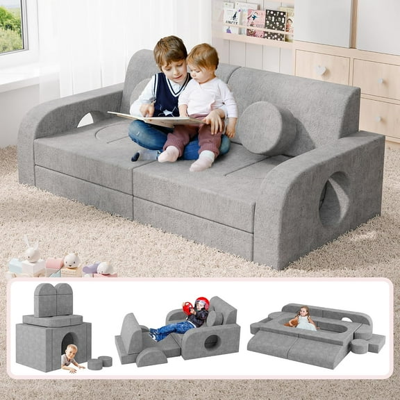 14pcs Modular Kids Play Couch, 1000 DIY Versatile Kids Couch Building Fort, Child Sectional Sofa for Playroom Bedroom, Convertible Foam Sofa for Boys & Girls, Grey