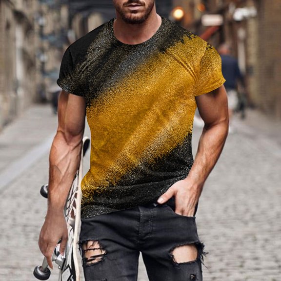 Fnnxeal Mens Gold and Black Metallic Glitter Color Block Gradient Muscle Fit Short Sleeve Crewneck Streetwear Party Top Sizes M to 7XL,Size 3XL