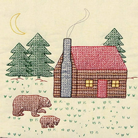 Jack Dempsey Cabin And Bears Stamped Ecru Quilt Blocks, 6Pk, 18" x 18"