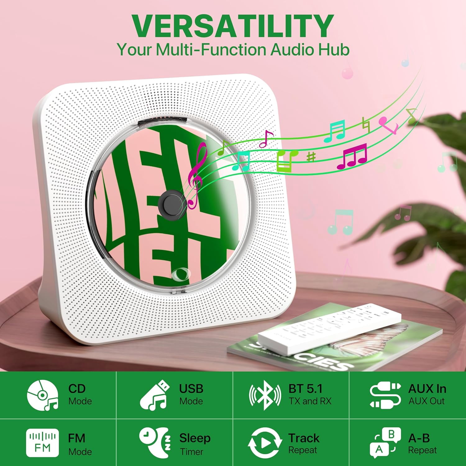 Portable CD Player for Home, Desktop with Speakers, Gift for Mom, Combo with Bluetooth/FM Radio/Stereo Sound/Remote Control/USB Drive/AUX/Timer/Repeat