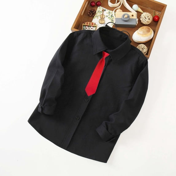 Ticikt Kids Boys Long Sleeve Button Down Casual Solid Party Lapel Shirt with Tie for School Performance,Color:Black,Size:11-12 Years