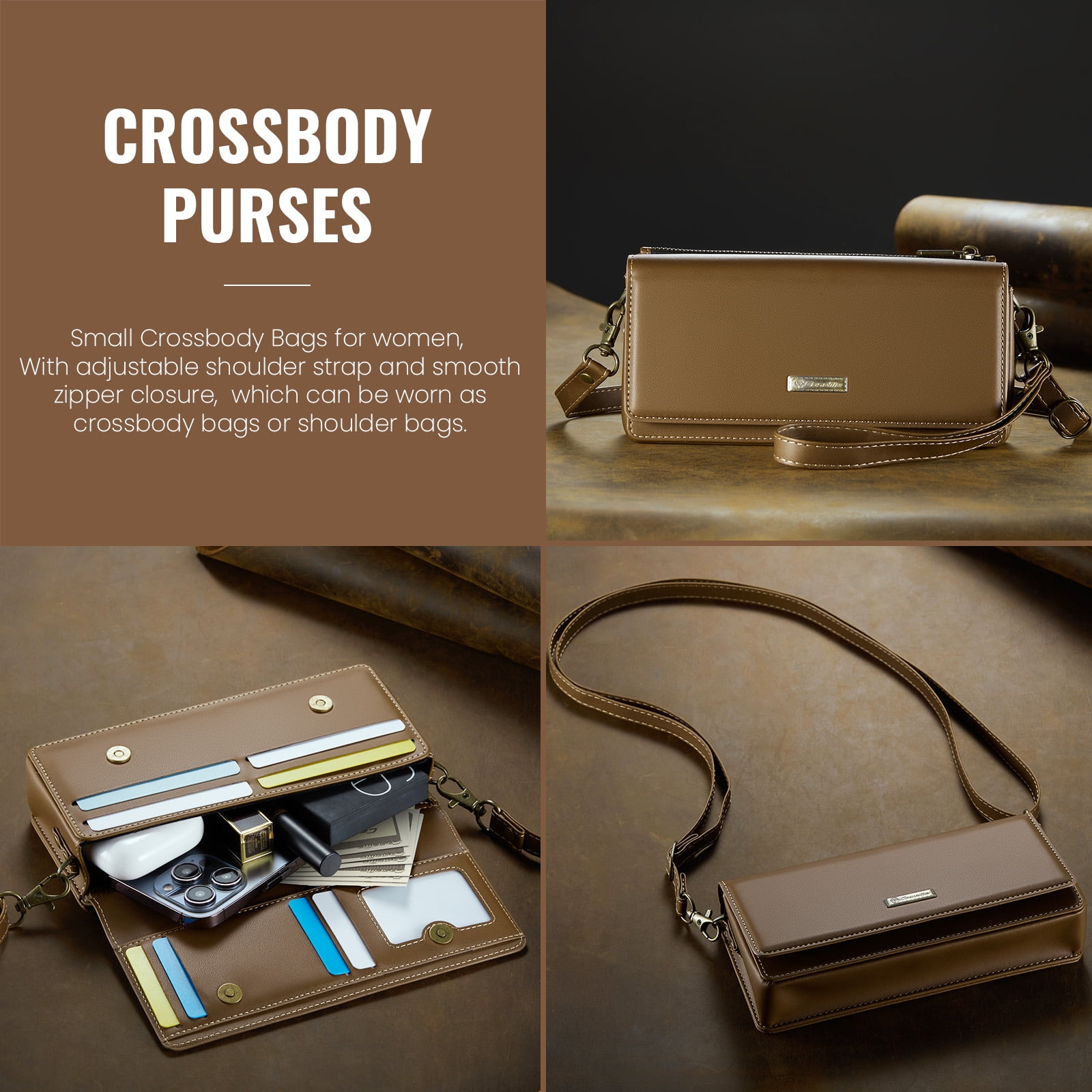 CaseMe Fashion Small Crossbody Bag for Women,Cell Phone Purse Women's Shoulder Handbags Wallet Purse with RFID Blocking Credit Card Slots Zip Small Crossbody Bag Wrist strap/Shoulder strap - Brown