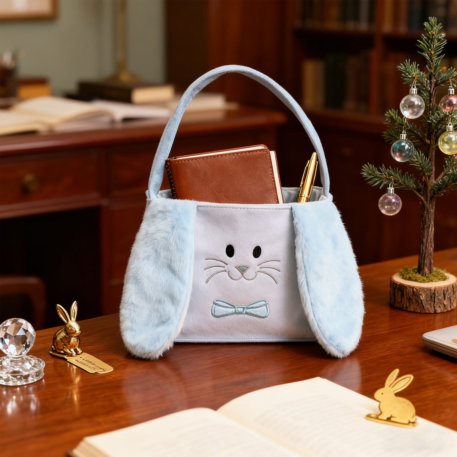 ToyKingdee Easter Basket Easter Bunny Basket, Cute Fluffy Bag with Foldable Ears, Plush Rabbit Tote Bags for Easter Egg Hunts Decorations Candy Gifts Storage