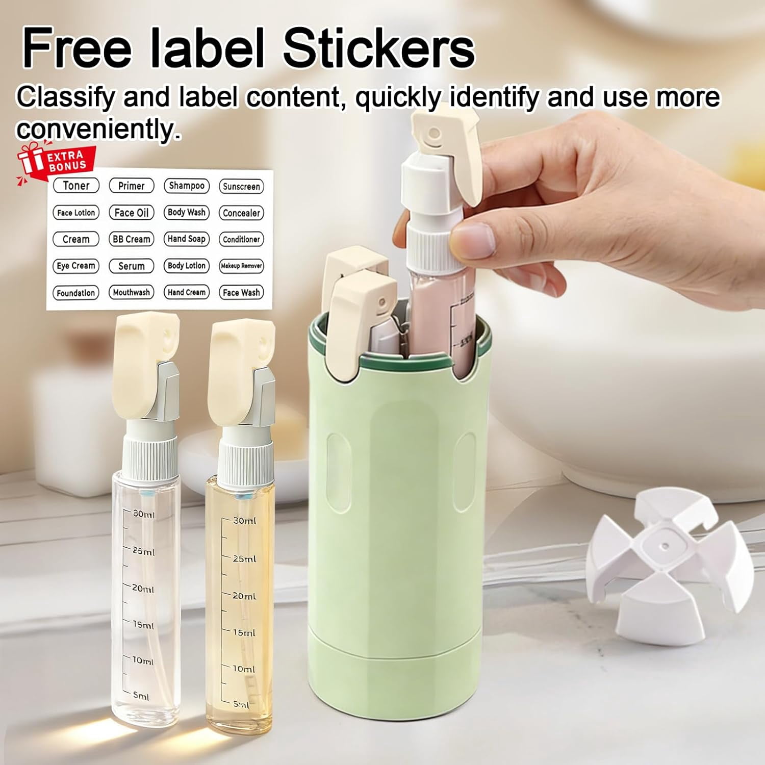 4-in-1 Travel Dispenser Bottles, Leak-Proof Refillable Toiletry Containers with Labels, Compact Shampoo & Lotion Bottle Set for Travel & Flights