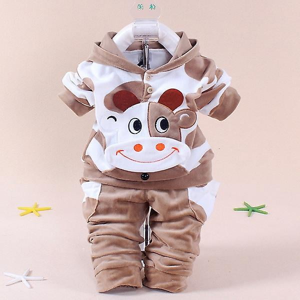 90cmbrownbaby suit traje de terciopelo de vaca de dibujos animados ropa para niños conjunto neutro Marrón, vista frontal centrada de sudadera con capucha y pantalón a juego con gran dibujo de cara de vaca sonriente en el frente, composición algodón, puños y pretina elásticos, cierre de botones en el cuello, tallas 80/90/100 cm; suele utilizarse también para sesiones de fotos infantiles.