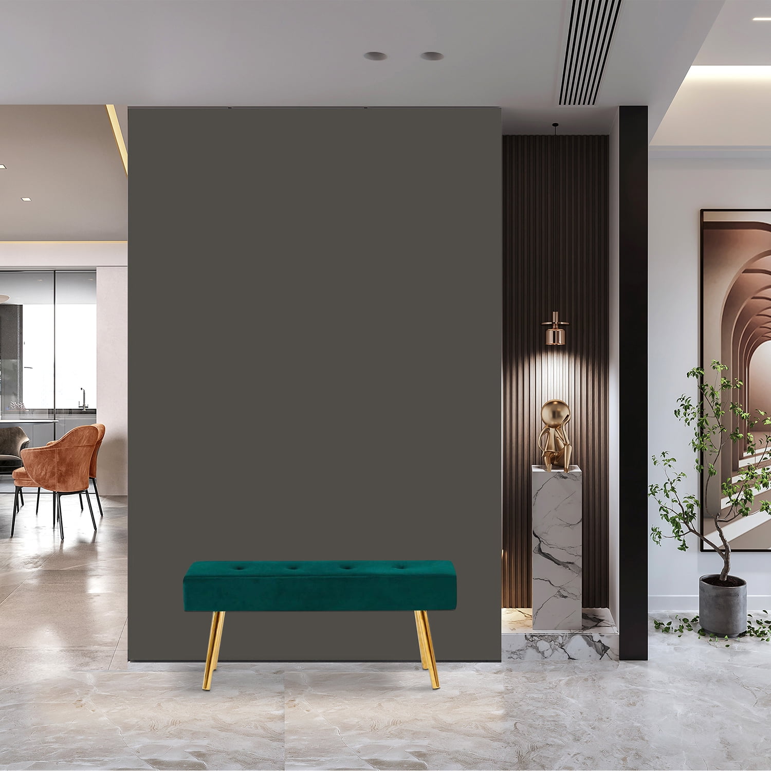 Kadyn Modern Long Bench, Velvet Bed End Stool with Gold Legs, Upholstered Bench Ottoman for Entryway and Bedroom, Dark Green