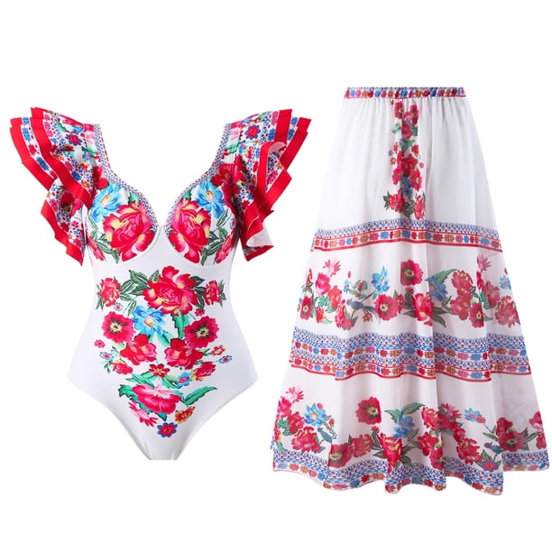 Traje de baño de una pieza para mujer, conjunto de bikini para mujer, moda retro, estampado floral, traje de baño de una pieza ajustado para mujer con vestido, traje de baño para mujer
