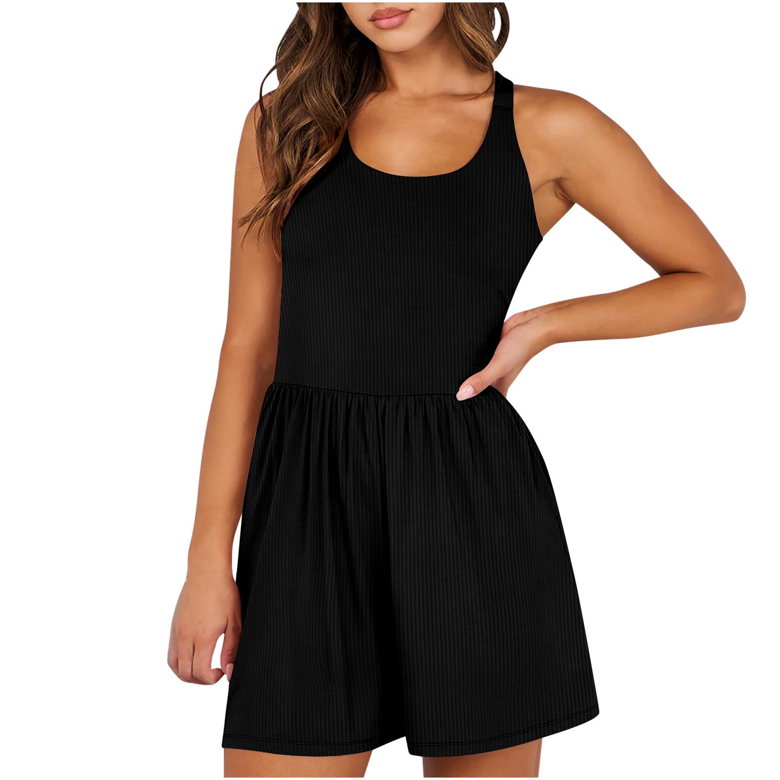 QATAINLAV Womens Athletic Romper Ribbed Knit Onesie Shorts Summer Casual Workout Running Short Jumpsuits Gym Yoga Outfits Beach Vacation Rompers Black L Back to College Sale