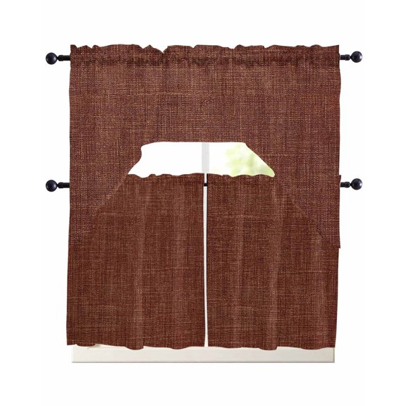 Dark Brown Kitchen Curtains Sets 36 Inch Length with Valance, Vintage Country Monochrome Chocolate Color Swag Valances and Tiers Curtain Set Drapes Swag Curtains for Living Room, Bathroom, Bedroom