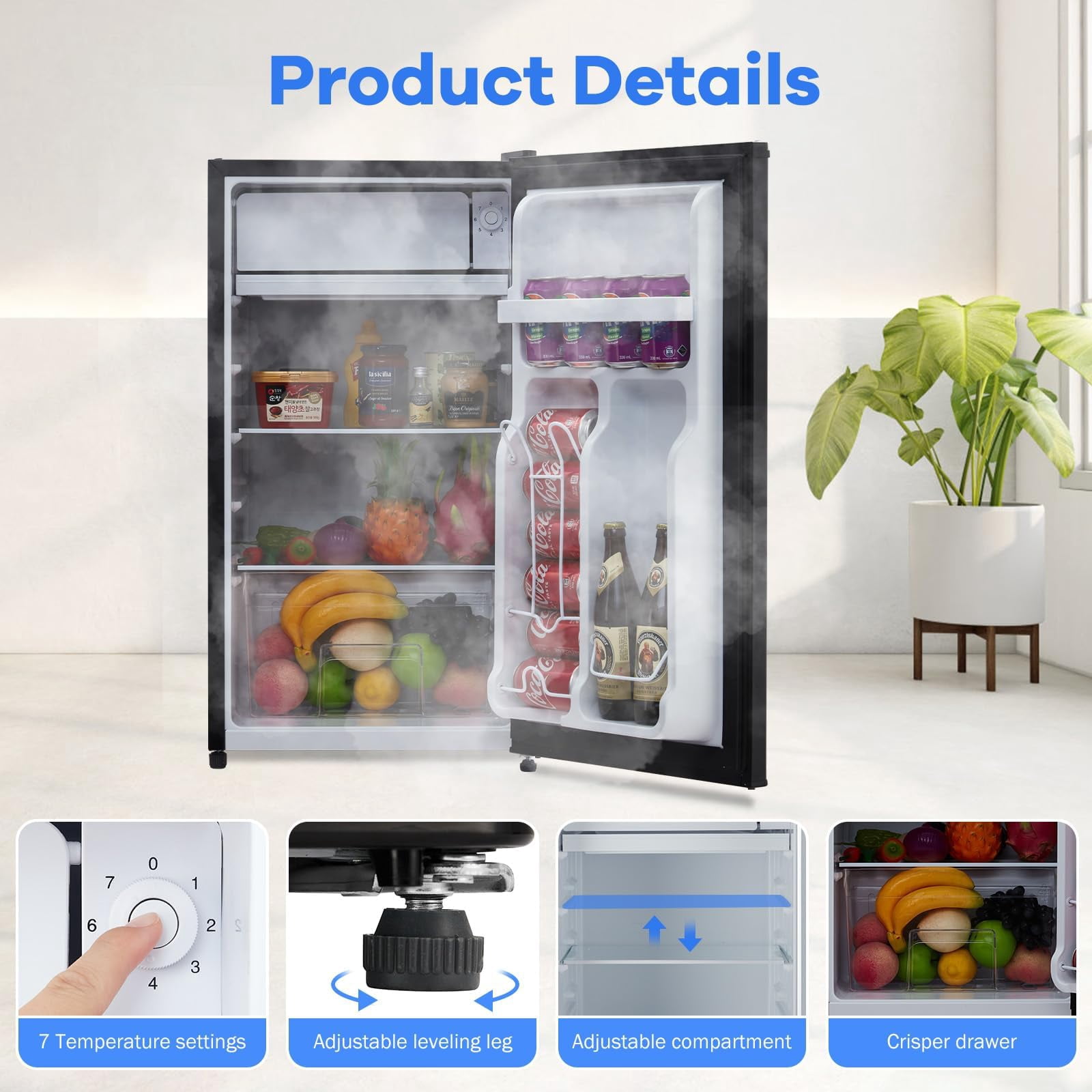 4.3 Cu.Ft. Mini Fridge, Compact Refrigerator with Adjustable Removable Shelves, Dual Zone, 7 Temperature Setting, Refrigerator and Cooler for Bedroom, Living Room, Bar, Dorm, Kitchen, Office