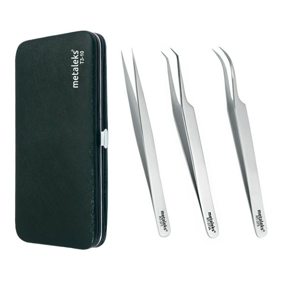 3 Pcs Kit of Eyelash Extension Tweezers In Silver Magnetic Kit - Made In Surgical Stainless Steel