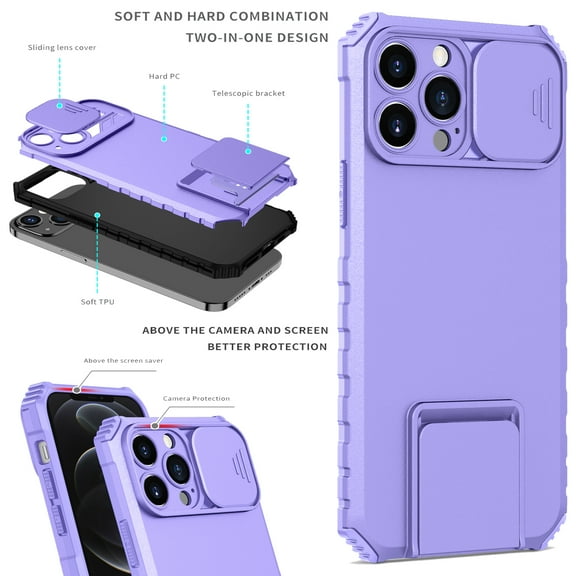 K-Lion Case For iPhone 12 Pro Max,Shockproof Slide Camera Protector Hard PC Telescopic Bracket Case Cover,Purple