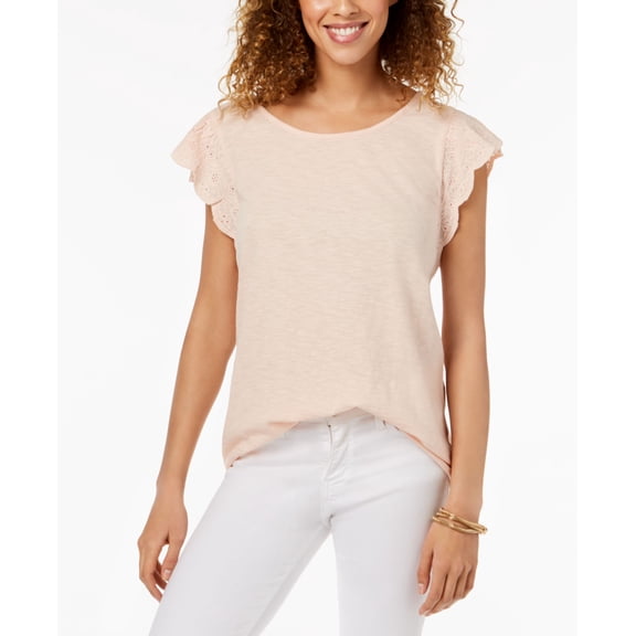 Style & Co. Eyelet Ruffle T-Shirt Womens L Pink shirt MSRP $34