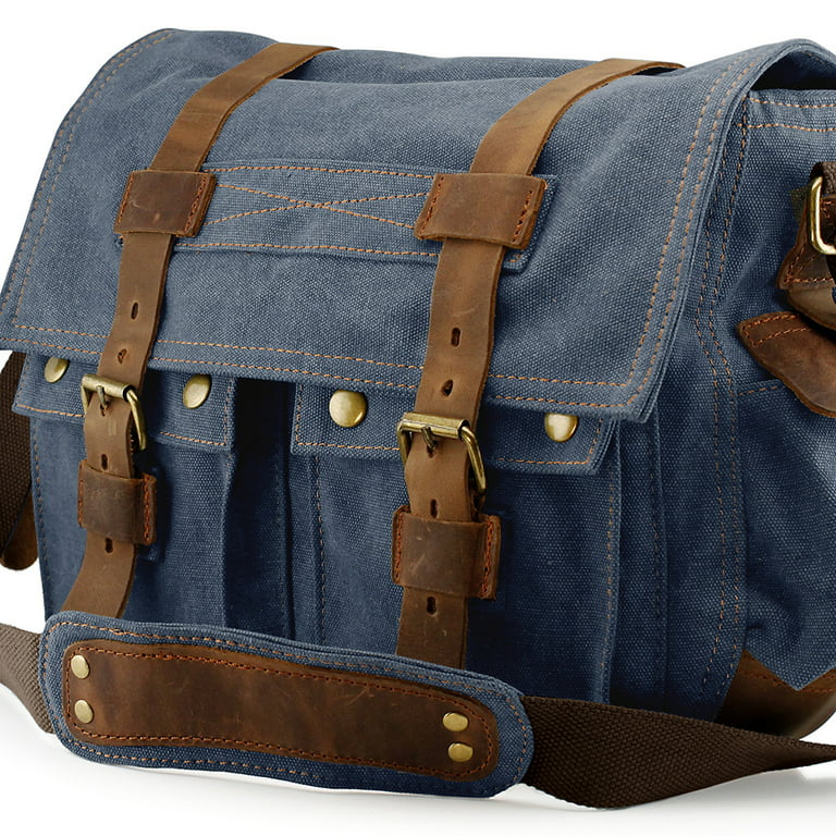 Blue Canvas Vintage Backpack Rucksack Leather Military Men Womens