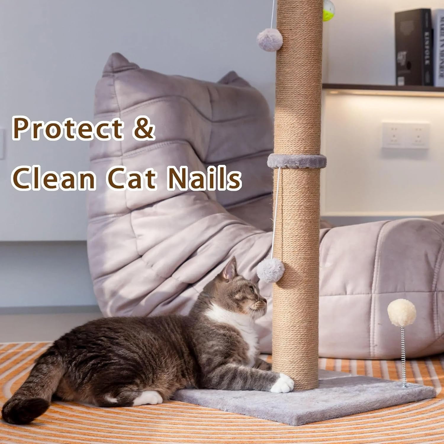 PELUOMOZ Cat Scratching Post 36 in Natural Sisal Rope Scratch Tower with 3.6 in Post and Interactive Toy Gray