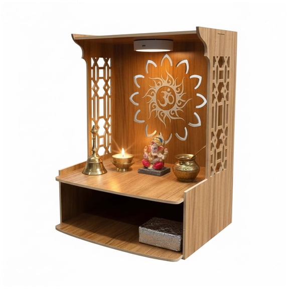 Wooden Pooja Mandir for Home, Tabletop Home Temple with Double Shelves for Storage, Mandir Cabinet for Hindu Worship