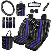 Uorisanigo Police Flag Print Front Back Seat Cover Full Set Wheel Covers Protector Seat Belt Pad Car Coasters Hanging Trash Can Air Vent Bag Rearview Mirror Cover Key Chain, Set of 15