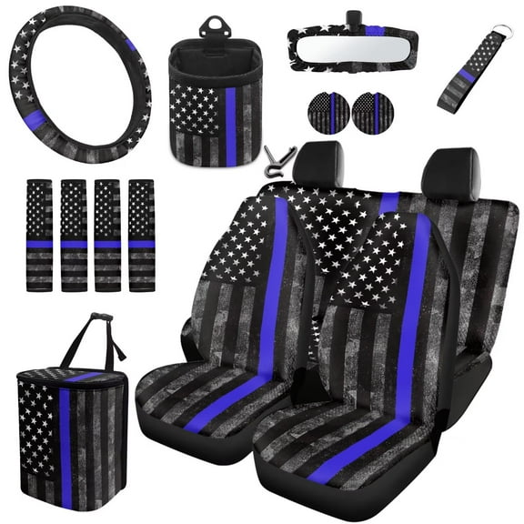 Uorisanigo Police Flag Print Front Back Seat Cover Full Set Wheel Covers Protector Seat Belt Pad Car Coasters Hanging Trash Can Air Vent Bag Rearview Mirror Cover Key Chain, Set of 15