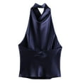 thumbnail image 3 of Yigetop Satin Halter Tops for Women, Ladies' Fashionable Casual Texture Hanging Neck Vest Top Dressy Halter Tops for Women Navy L, 3 of 7