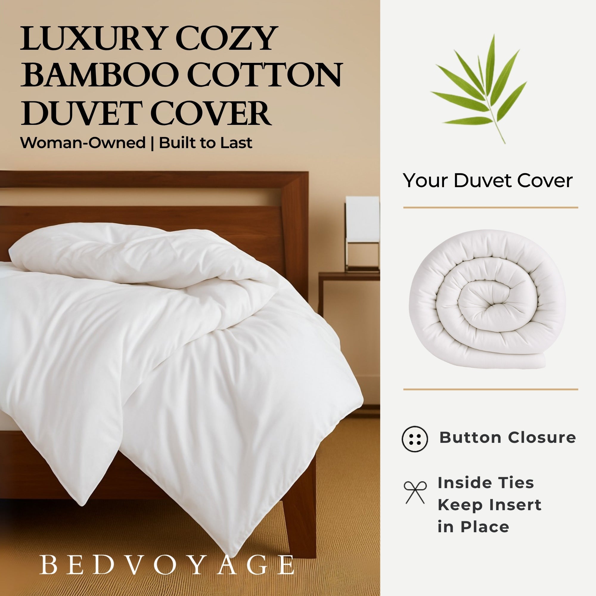 BedVoyage Twin Size Duvet Cover, Lightweight Soft and Breathable, Button Closure & Inside Corner Ties, 68x87, Viscose Derived from Bamboo & Cotton Blend, All Season Comforter Cover, Twin - Snow