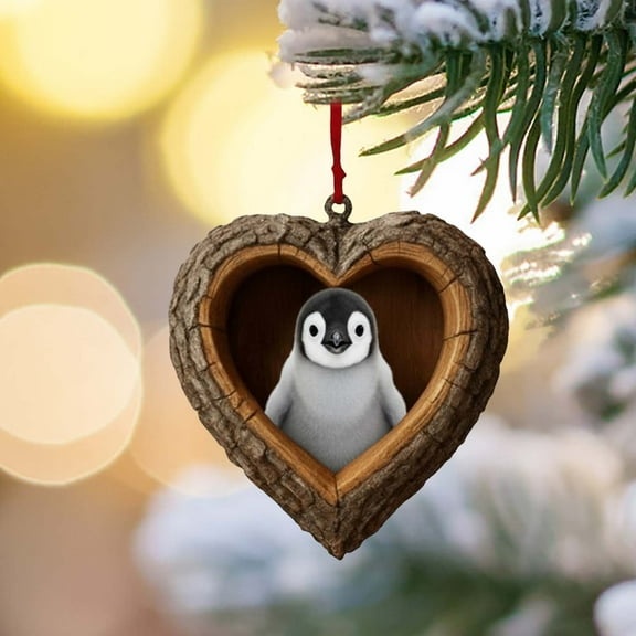 Heart-Shaped Animal Christmas Ornament, 2D Flat Acrylic Forest Animal Decoration, Hanging Woodland Pendant for Xmas Tree Decor, Animals Lovers Gift Home Party Decor Ornaments (Penguin)