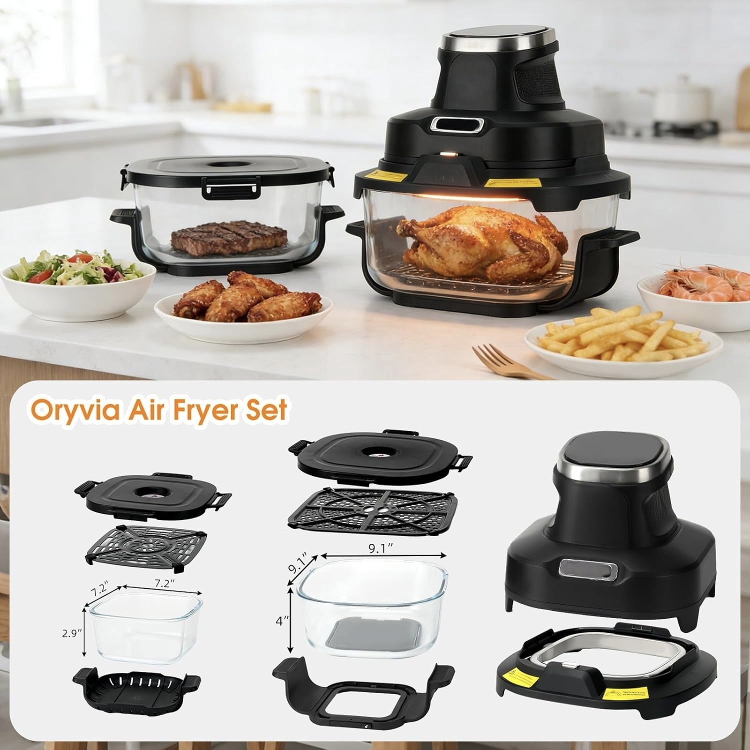 Tayuzo Glass Air Fryer Series 4-Quart 2-Basket Air Fryer, Black - Digital Display