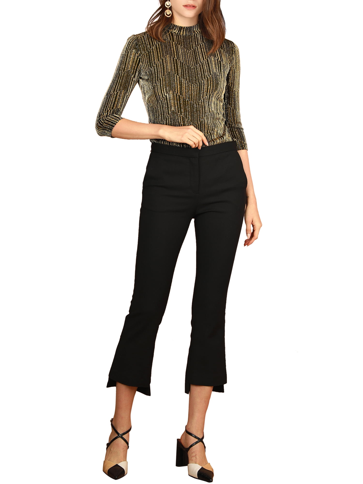 DARING DIVA Party Glitter Shiny Striped Metallic Top S Gold Black