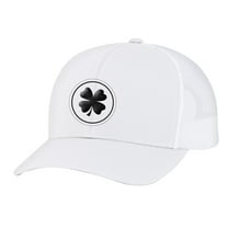 Men's Lucky Shamrock circle clover Center Embroidered Golf Mesh Back Trucker Hat, Silver/White/Black Shamrock
