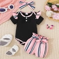 thumbnail image 2 of NIEWTR Toddler Baby Girl Summer Clothes Summer Outfits Newborn Romper Ruffle Sleeve Infant Flower Shorts with Bow Headband Set 0-18 Months（Z1-Black,0-3 Months), 2 of 7