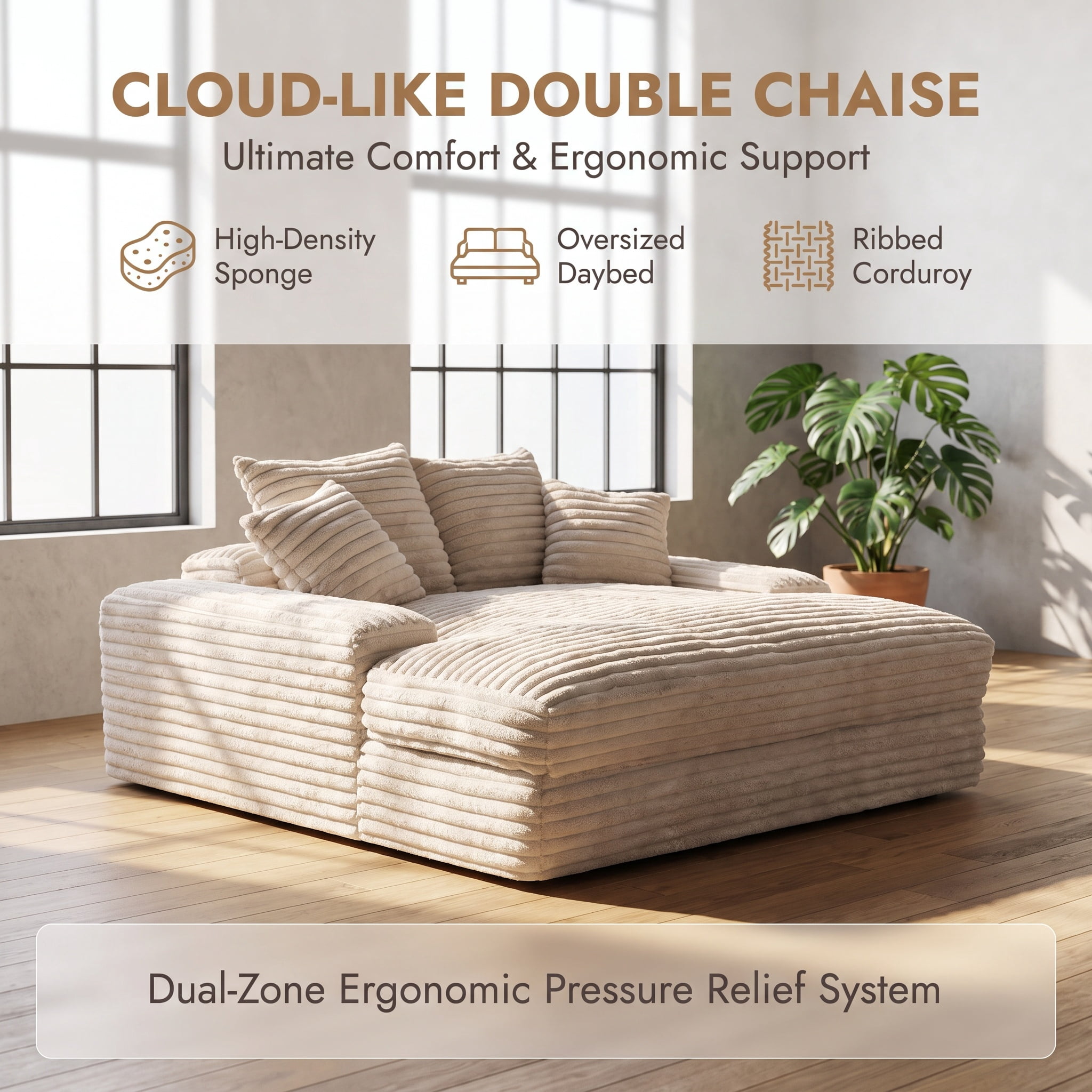 Modern Corduroy Oversized Chaise Lounge Chair, 66"Double Daybed Sofa Sleeper with 4 Pillows, No Assembly Cloud Couch for Living Room, Beige