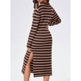 thumbnail image 6 of Womens Striped Sweater Dress Fall Chunky Knit V Neck Collared Long Sleeve Slit Loose Midi Dresses Brown L, 6 of 7