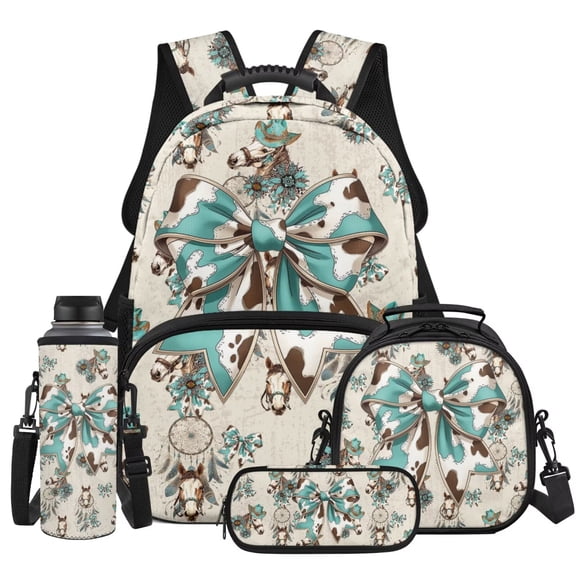 KUIFORTI Cow Bow Backpack with Lunch Box for Boys Girls Kid Backpack Set 4Pcs Bookbag for Elementary Primary Middle School Back to School Supplies Gifts