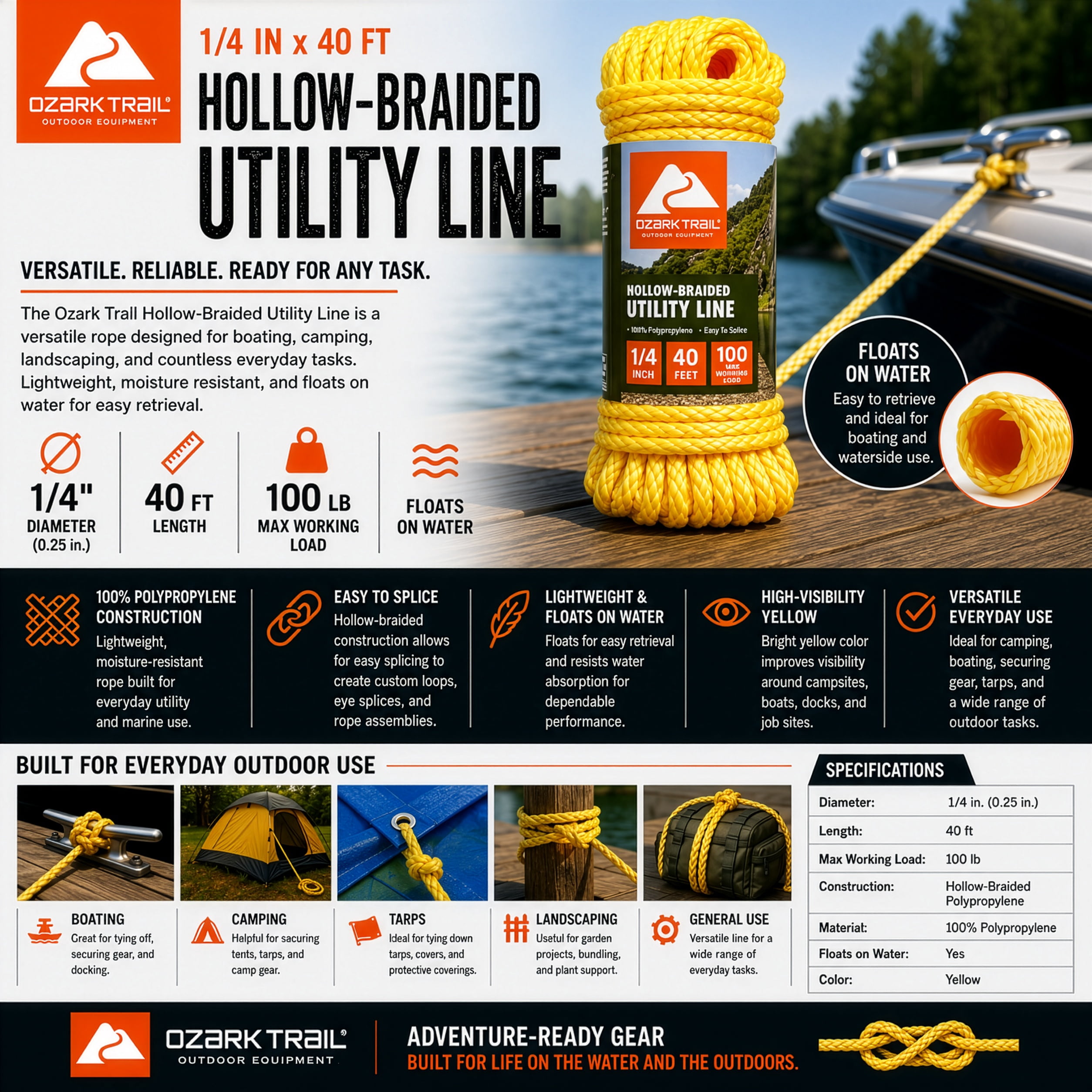 (3 pack) Ozark Trail Hollow-Braided Polypropylene Utility Line, 1/4 in x 40 ft, 100 lb Maximum Working Load, Yellow