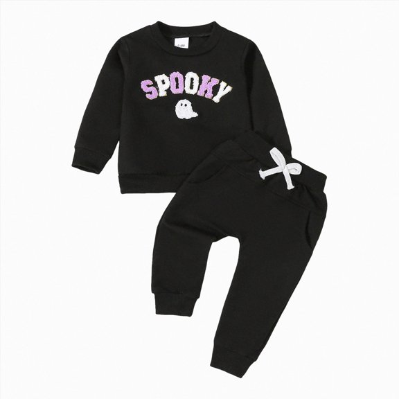 YIWULA Baby boy Girl Halloween Outfit Letter Embroidery Long Sleeve Sweatshirt Ghost Pants Cute Fall Clothes Sets(6-12 Months,Black)