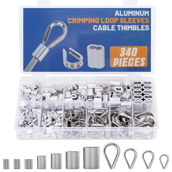 340 Pieces Stainless Steel Wire Rope Cable Thimbles Aluminum Crimping Loop Sleeve 3/64'' 1/16'' 5/64'' 3/32'' 3/16'' for Wire Rope Cable Thimbles Rigging