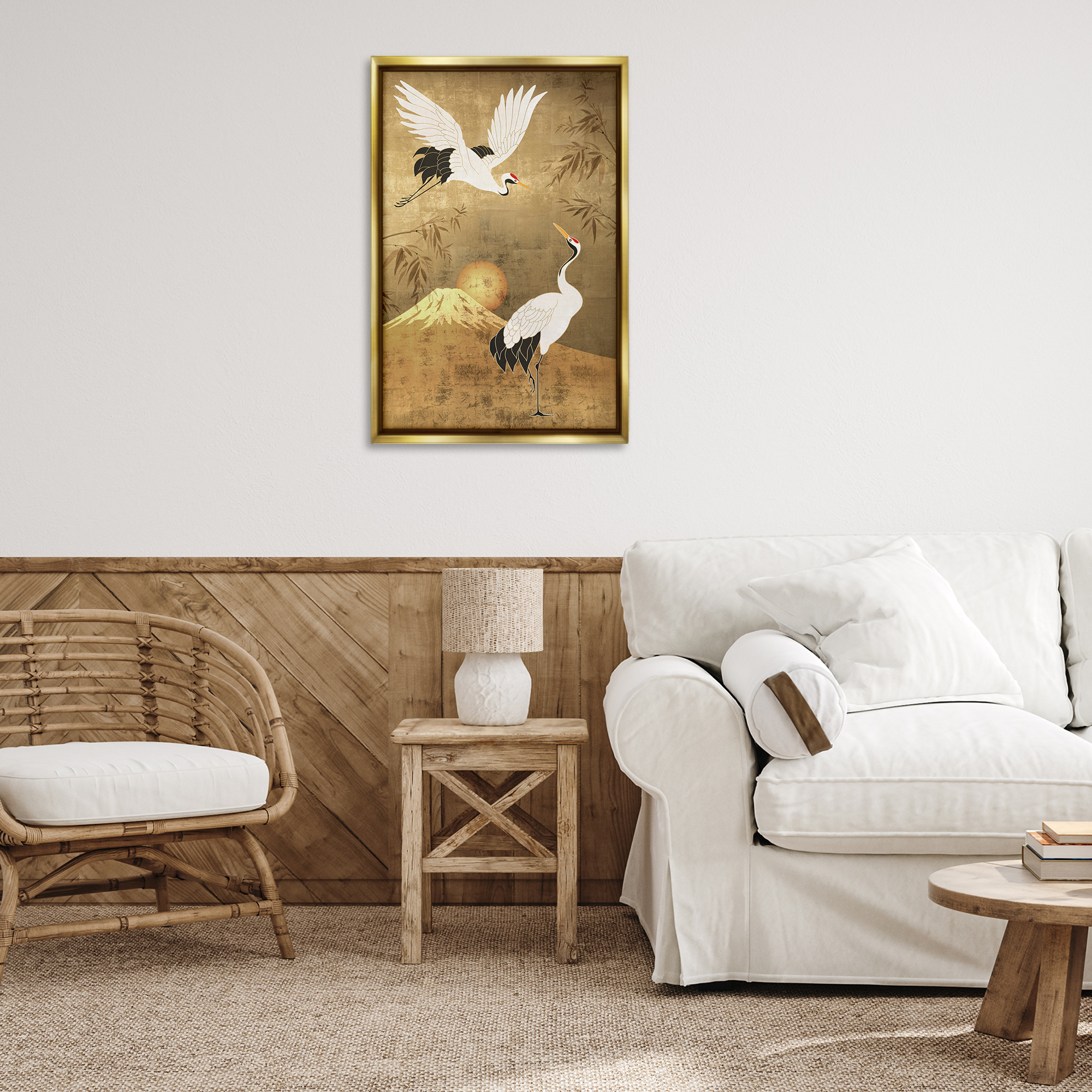 Stupell Industries Traditional Cranes & Mountain Animals Painting Gold Floater Framed Canvas Art Print Wall Art, 21 x 31