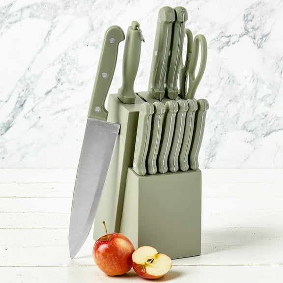 Basic Essentials 12 Piece Stainless Steel Kitchen Knife Set with Wood Block, Sage Green