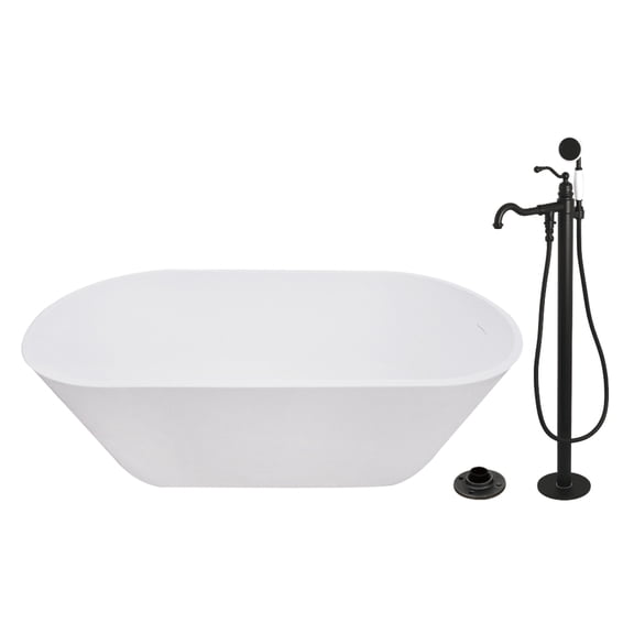 Kingston Brass KRTRS6731130AL 67-Inch Solid Surface Oval Double Ended Freestanding Tub with Faucet Combo and Drain in Matte Black