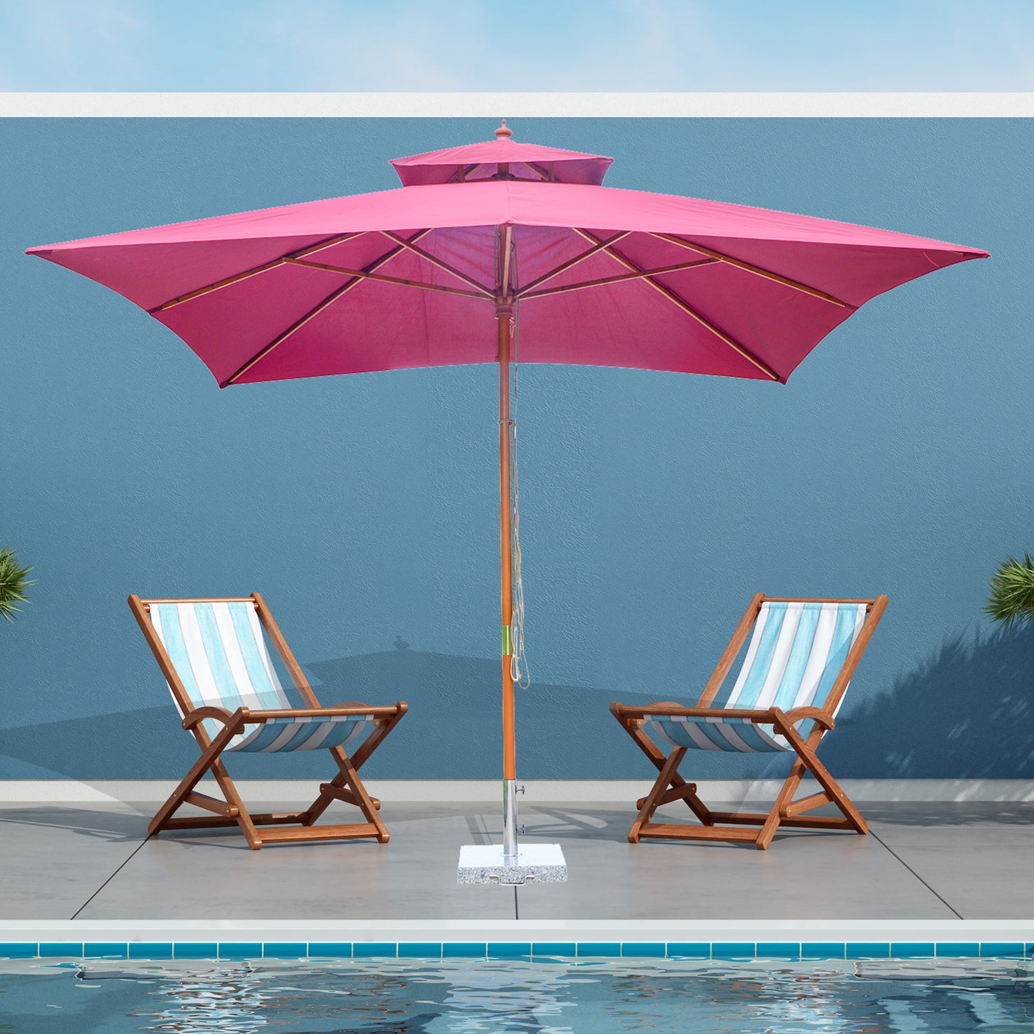 10x10ft Wood Square Patio Umbrella Garden Market Parasol With 2
