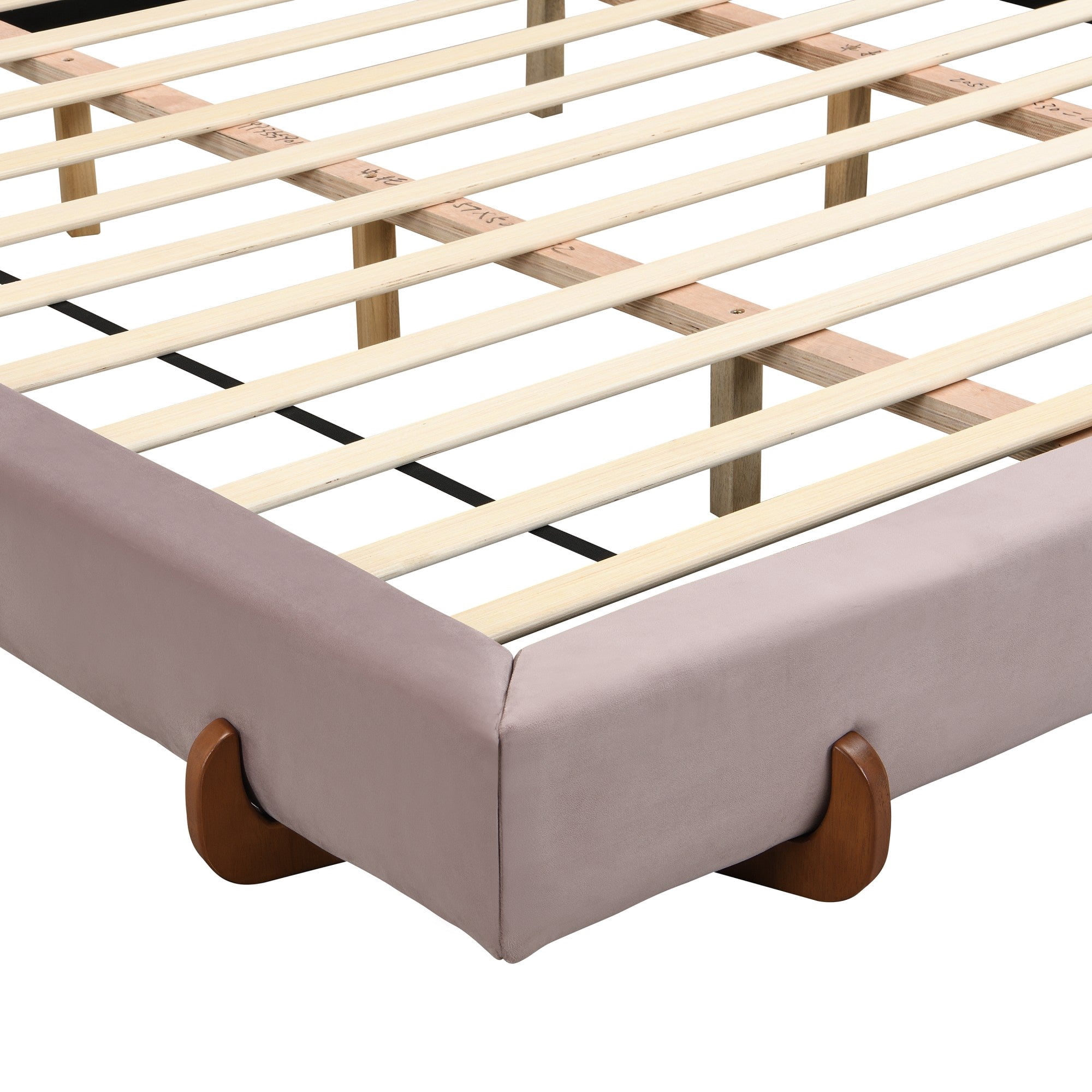Sailvan California King Upholstered Bed Frame with White Fabric and Brown Solid Rubber Wood Legs,4-Inch Thick Rails,Modern Style Bed,Pink