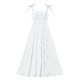 thumbnail image 2 of Flowy Chiffon Junior Bridesmaid Gown, Bow Tie Strap Ruched Square Neck High Slit Long Dress for Teen Wedding Ceremony White 130, 2 of 6