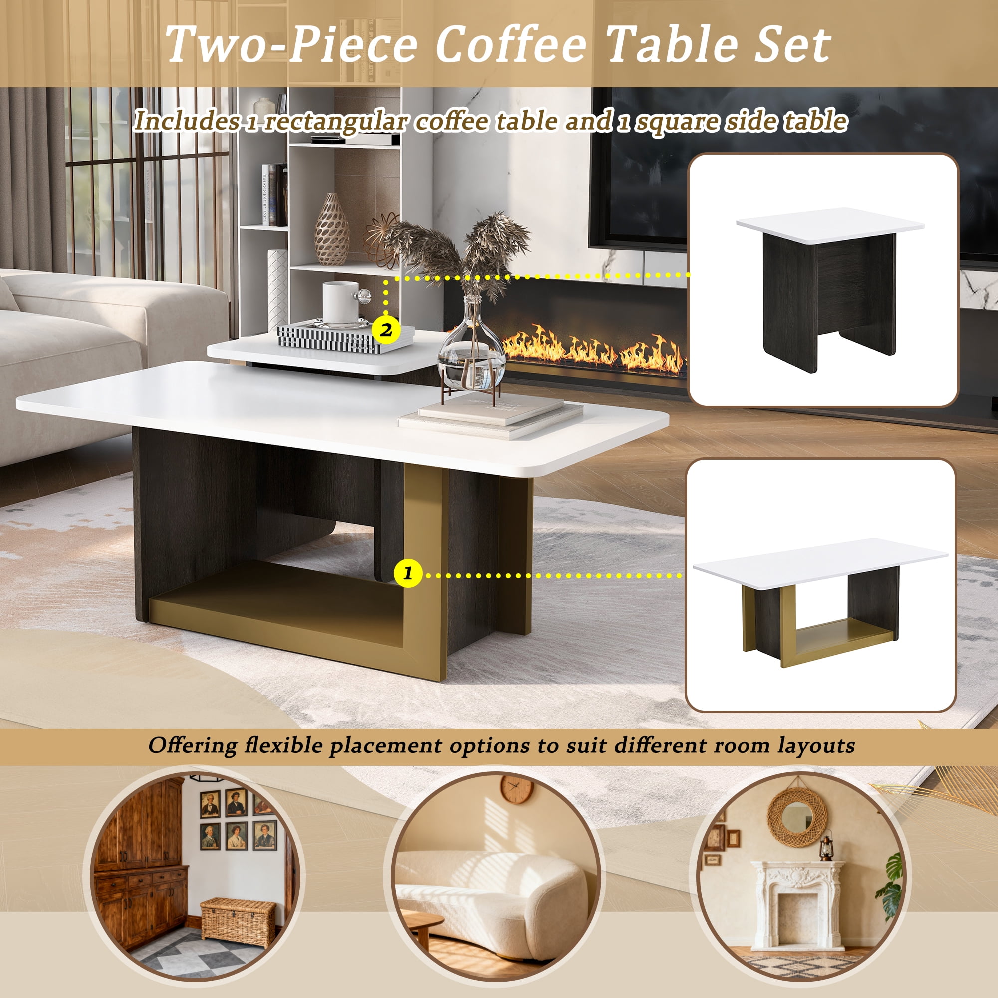 Coffee Table Set, Modern Square Tables, Living Room End Table Set of 2 with Spacious Top and Metal Frame, Durable MDF Construction, 47.2" and 19.7" Two-Piece Set, White