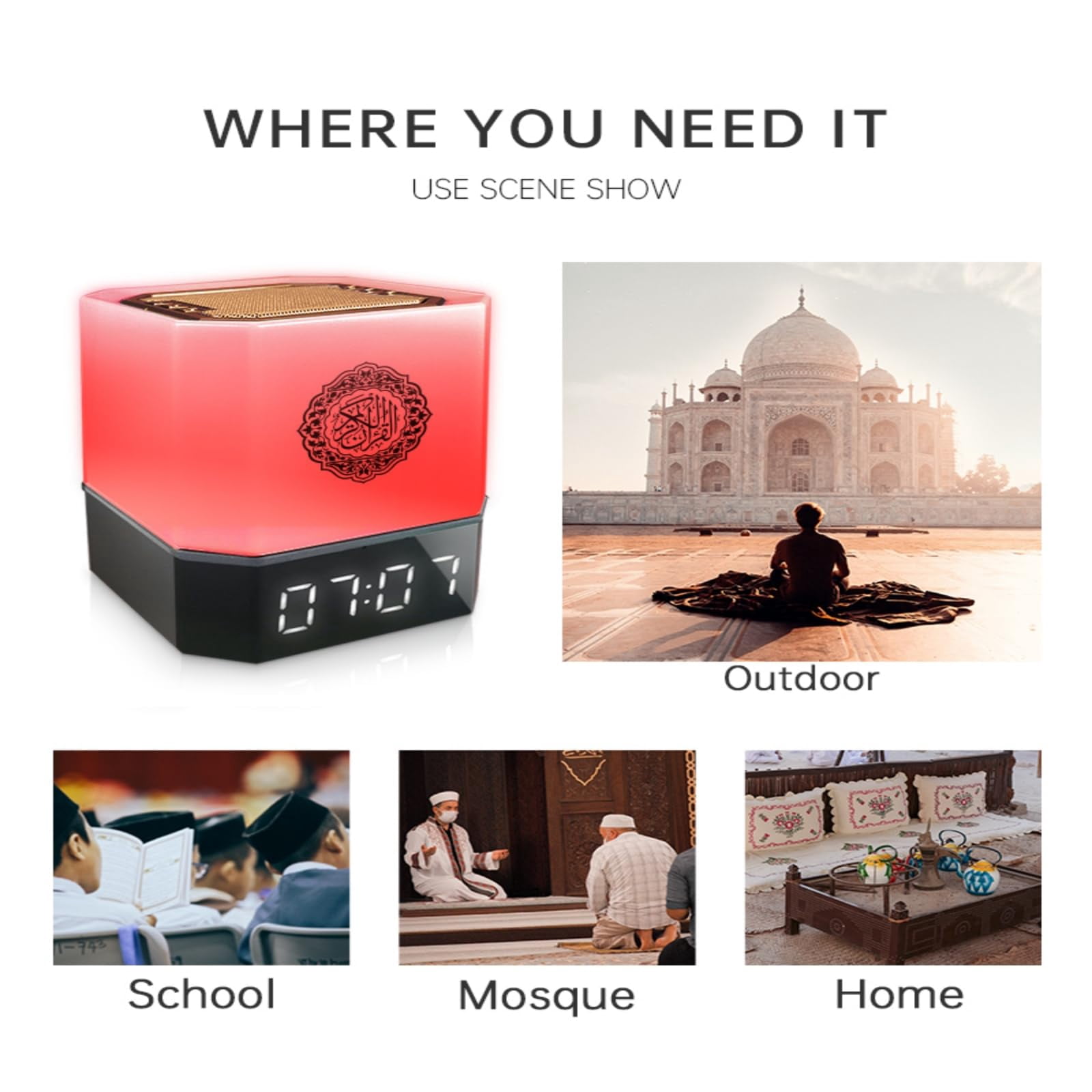 Zhouhuaboy Quran Speaker Clock: Smart Azan Clock with App & Bluetooth, Wireless LED Night Light, Quran Translation
