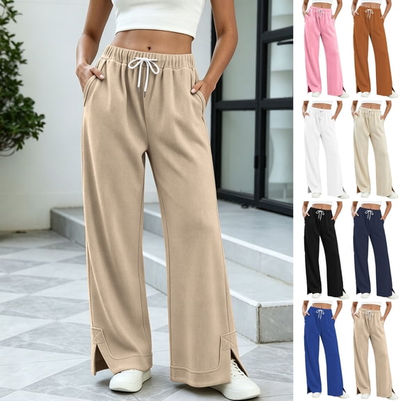 LEAVINGSUO Wide Leg Pants for Women Plus Size Womens High Waist Drawstring Casual Trousers With Split Hem Pockets Black S
