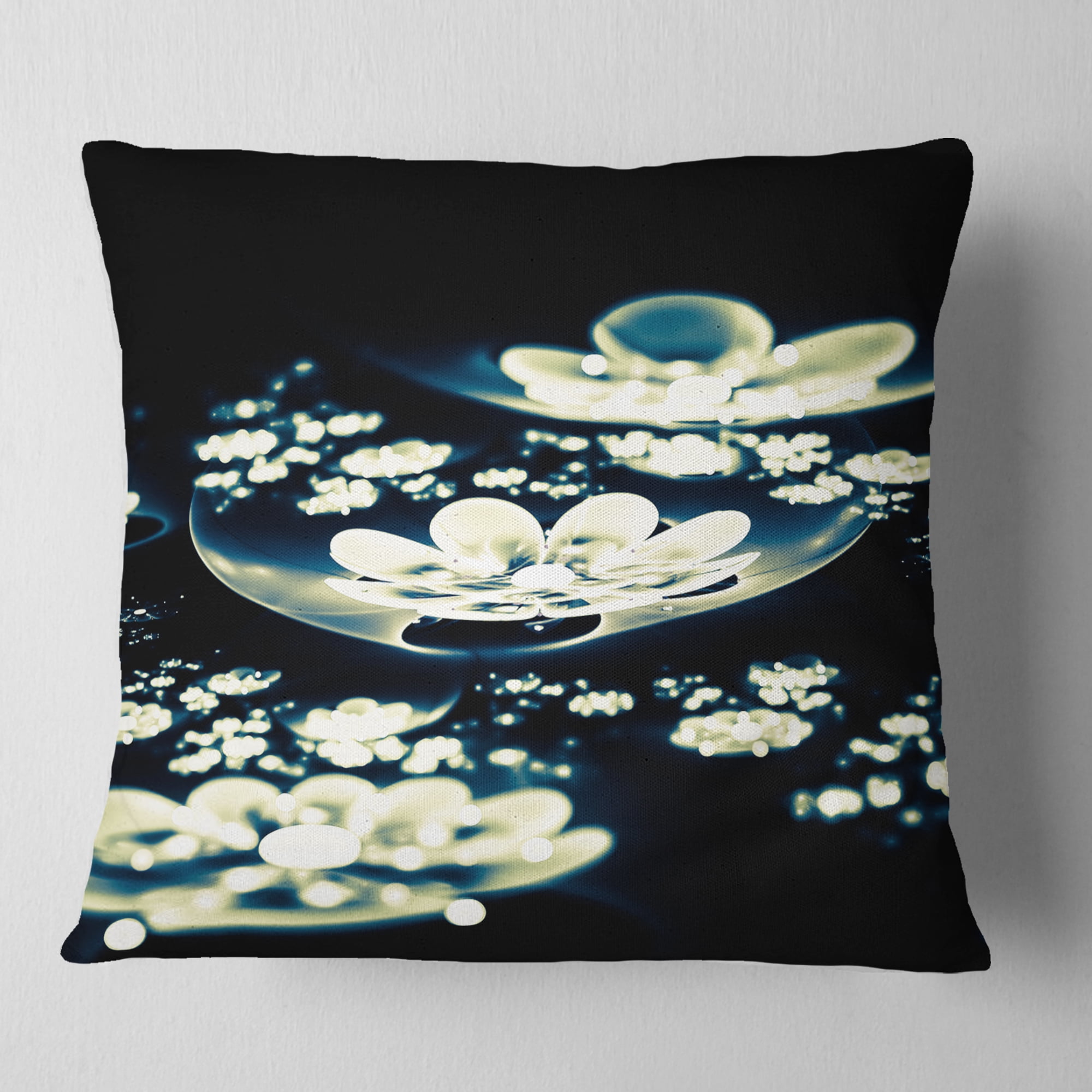 Designart Blue White Fractal Flowers in Dark - Floral Throw Pillow - 18x18