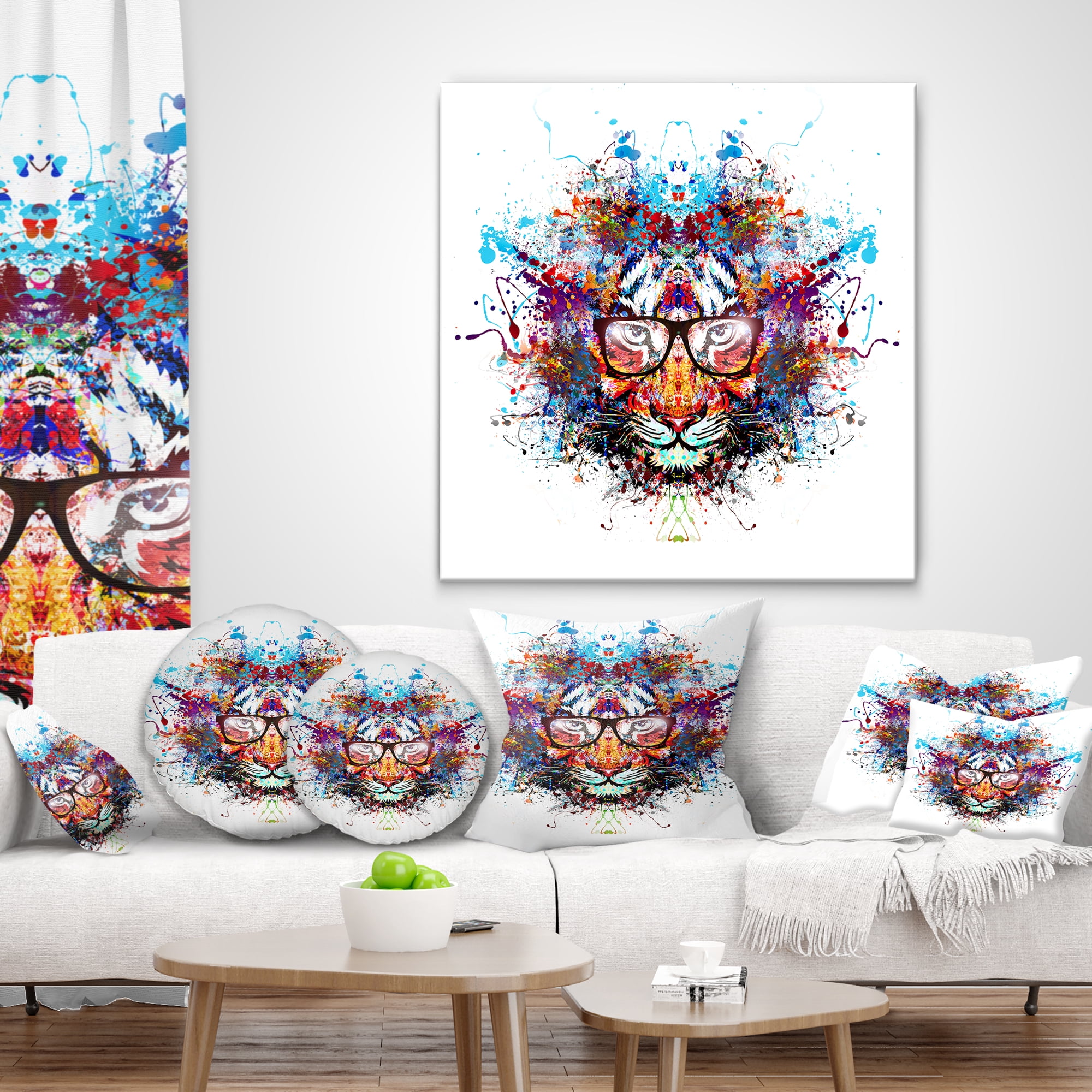 Designart Colorful Tiger in Glasses - Animal Throw Pillow - 16x16