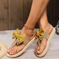 thumbnail image 7 of Xfvqtps New Ladys Herringbone Sandals Bowknot Rhinestone Pearl Adjustable Buckle Split Toes Straw Sole Flat Bottomed Comfortable Non-Slip Vacation Beach Flax Thong Sandals Yellow, 7 of 7