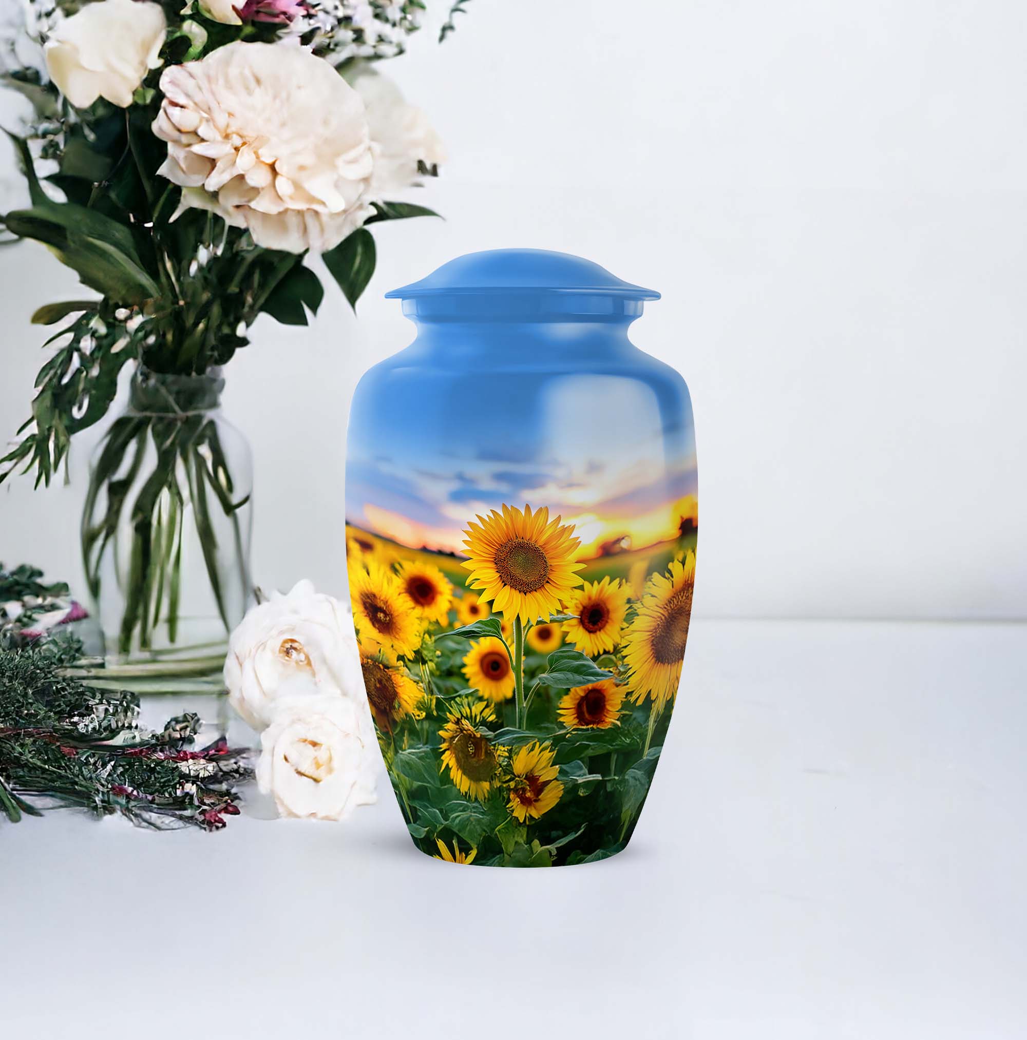 Sunflower Memorial Urn For Adult Women - Keepsake Urns For Human Ashes Adult Man - 10 Inch Funeral Cremation Urns For Mom, Blue Urn For Human Ashes For Female Set Of 4, 3 Inch Small