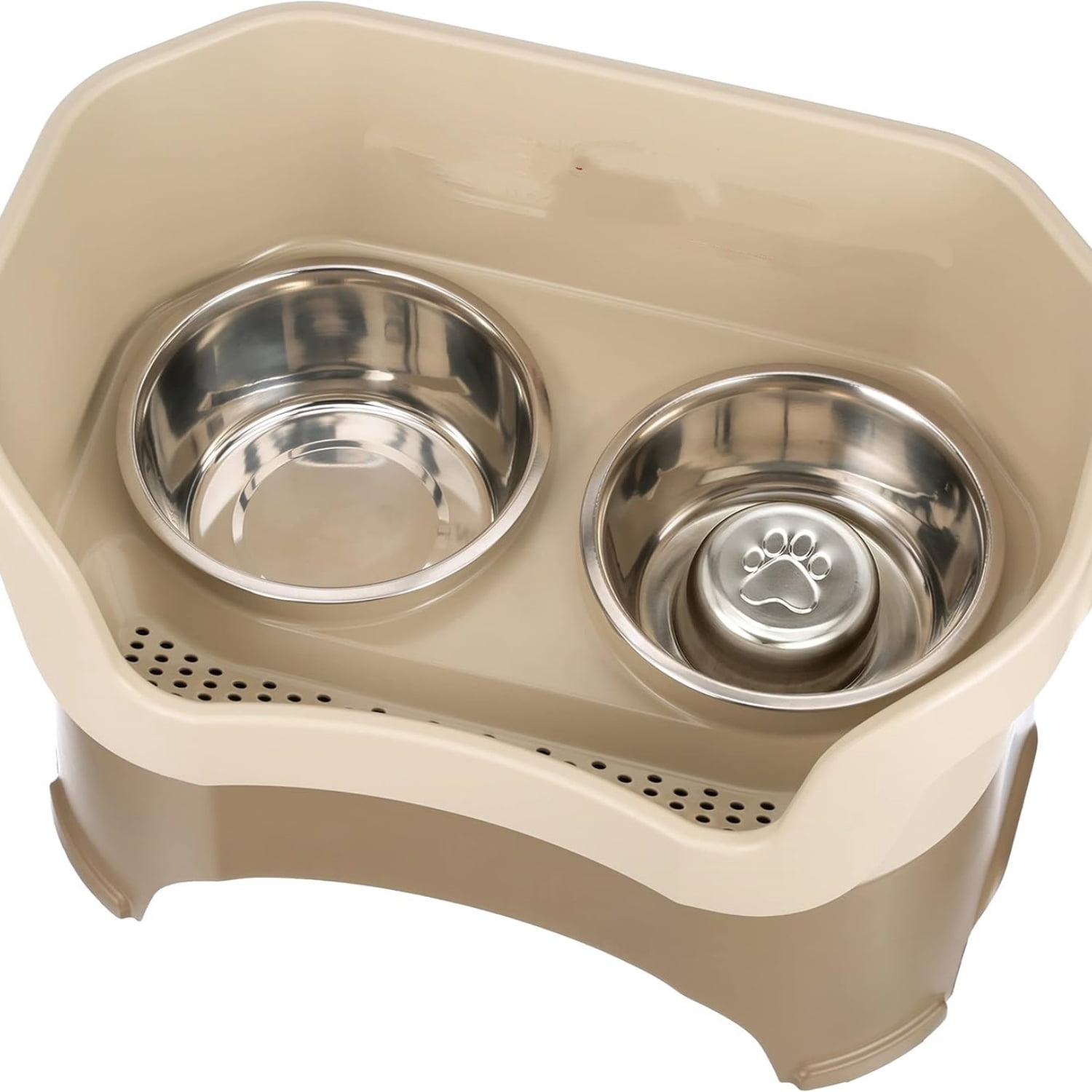 Deluxe Mess Proof Dog Bowls Elevated for Large Breeds – – No Spill Raised Slow Feeder Elevated Dog Bowl Stand, Stainless Steel Food and Water Bowl Set, Cappuccino