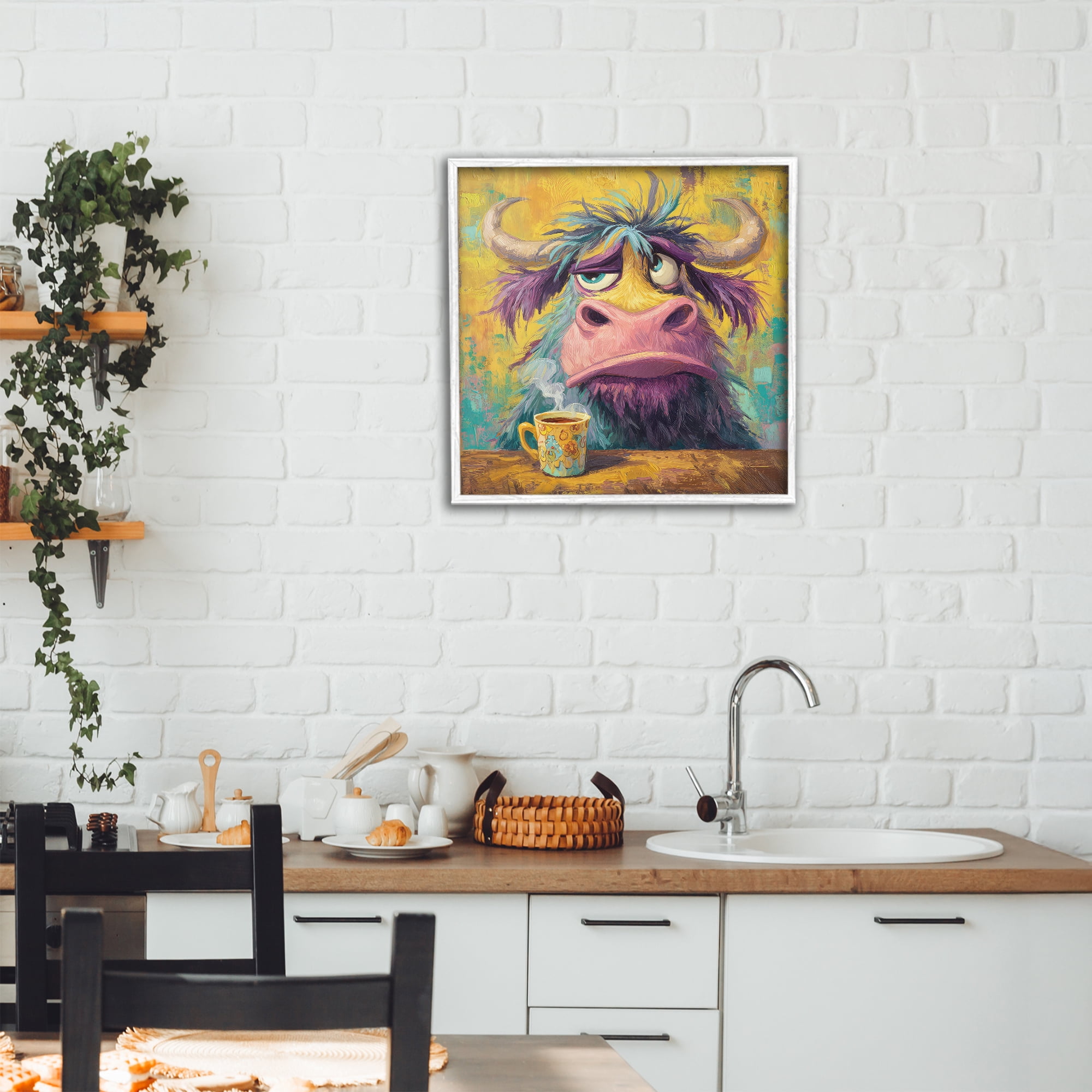 Stupell Industries Grumpy Cow & Mug White Framed Giclee Art, design by The Wands Want